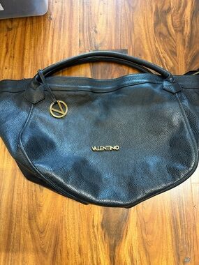 Valentino Black Leather Tote with Gold Logo Charm